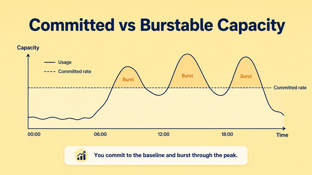 Chart contrasting a flat committed bandwidth rate with burstable capacity peaks above it across a working day