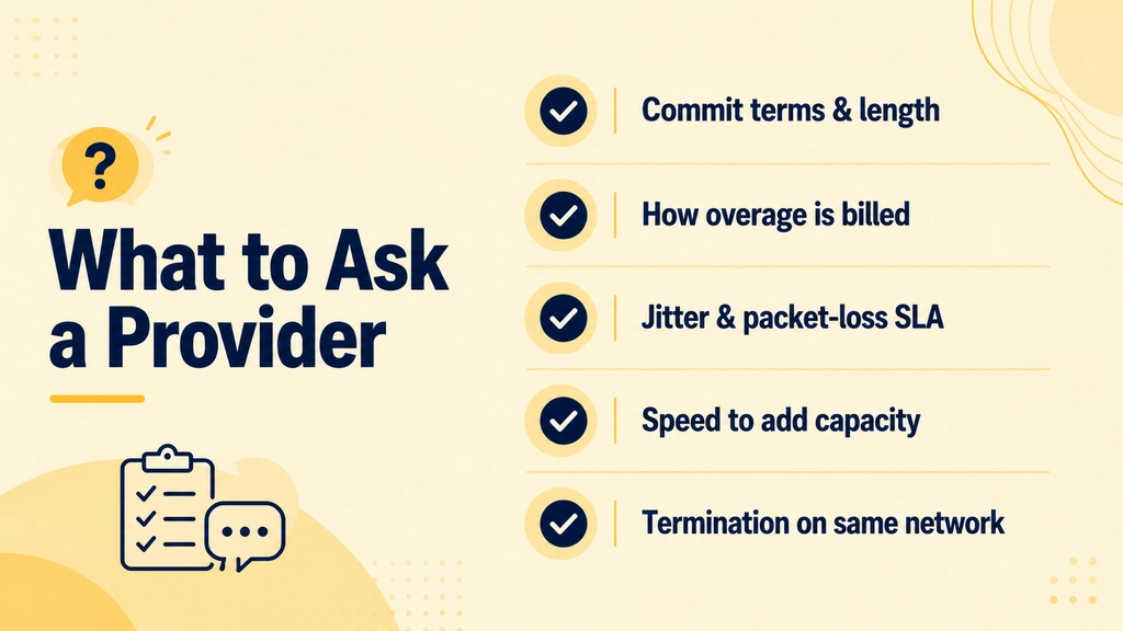 Checklist of questions to ask a wholesale bandwidth and VoIP termination provider, covering commit terms, quality metrics, and scaling