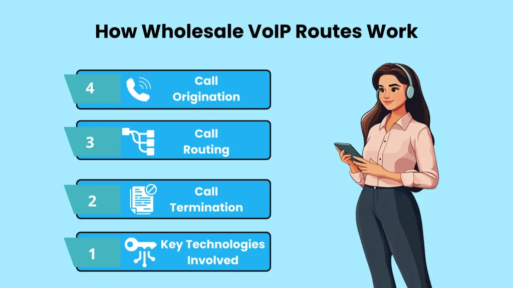How wholesale call routing works — origination, least-cost routing decision, and termination