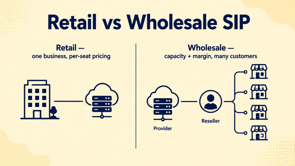 Side-by-side comparison of a retail SIP trunk sold to one business versus a wholesale SIP arrangement feeding a reseller with multiple end customers
