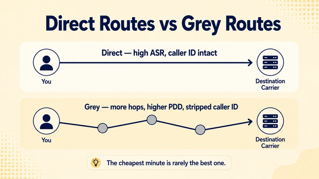 Diagram contrasting a direct high-quality SIP route with a multi-hop grey route showing degraded answer rates and audio quality