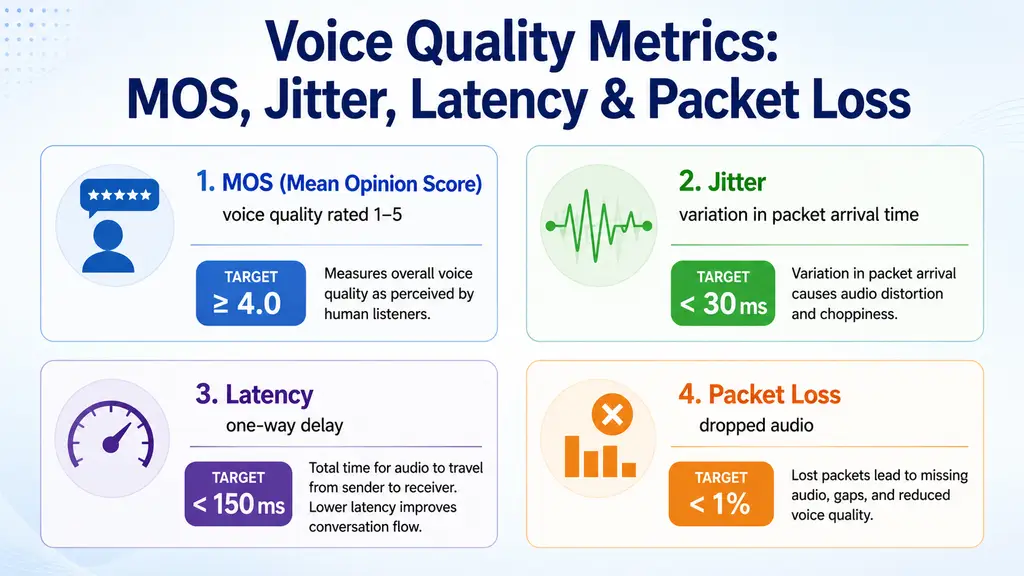 Voice quality analytics dashboard tracking MOS, jitter, and packet loss