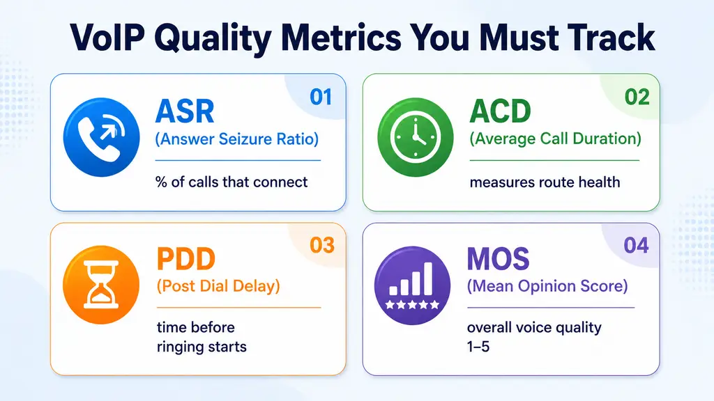 Wholesale voice metrics dashboard tracking ASR ACD and PDD
