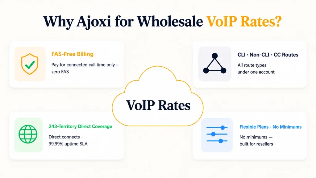 Diagram of Ajoxi wholesale VoIP differentiators — FAS-free billing, CLI/Non-CLI/CC routes, 243-territory direct coverage, and flexible no-minimum plans — all connecting to a central Ajoxi Wholesale VoIP Termination tier-1 carrier
